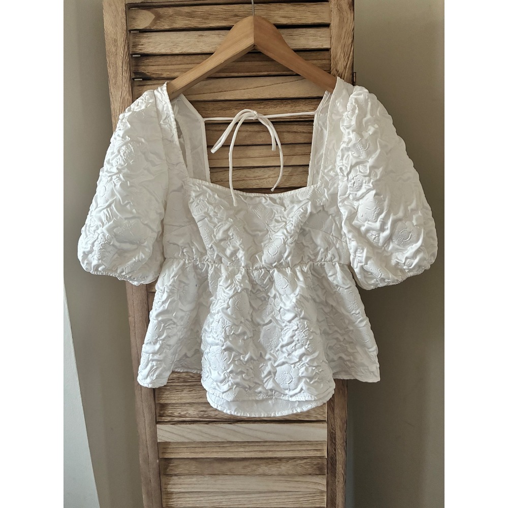 Divided H&M White Textured Babydoll Top Puff Sleeve Cottagecore Blouse Small